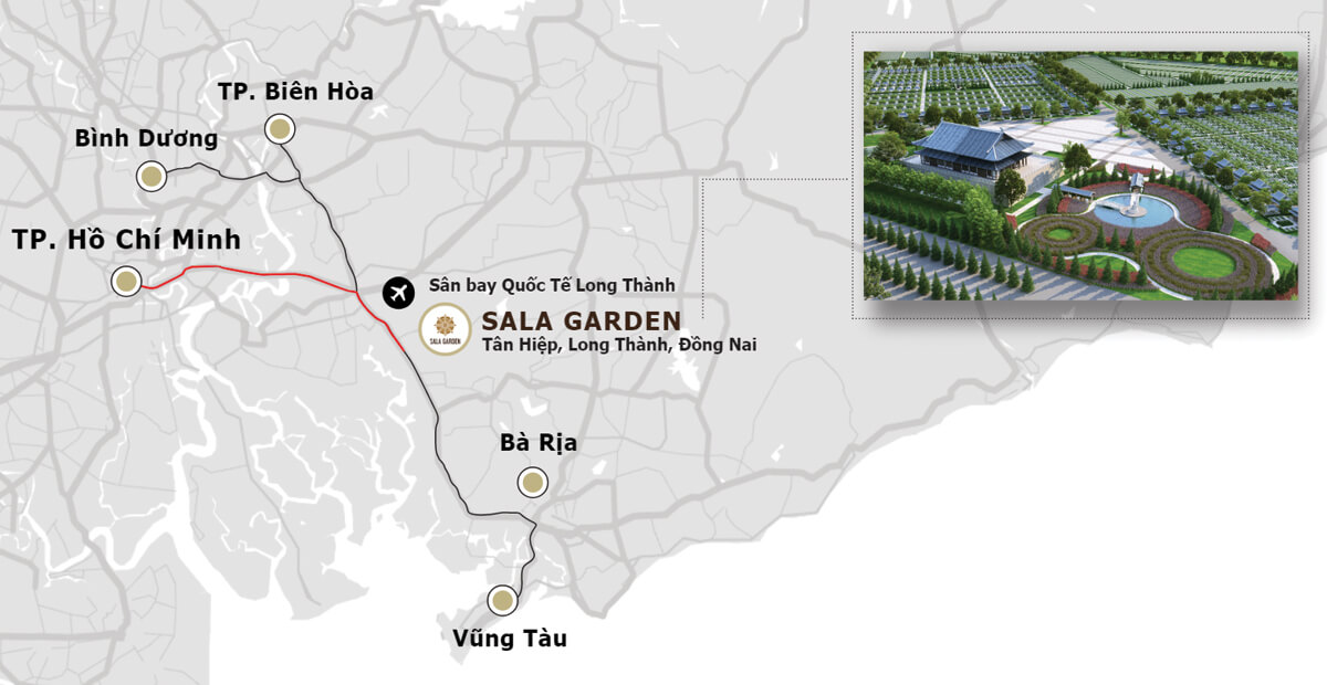 Sala Garden chỉ mất 35-40 phút lái xe từ Tp.HCM thông qua cao tốc Long Thành – Dầu Giây và QL 51